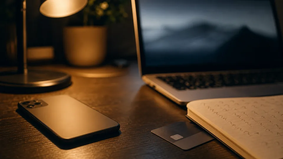 Phone, laptop and a card on a desk at night, the moment before signing up for a companion site