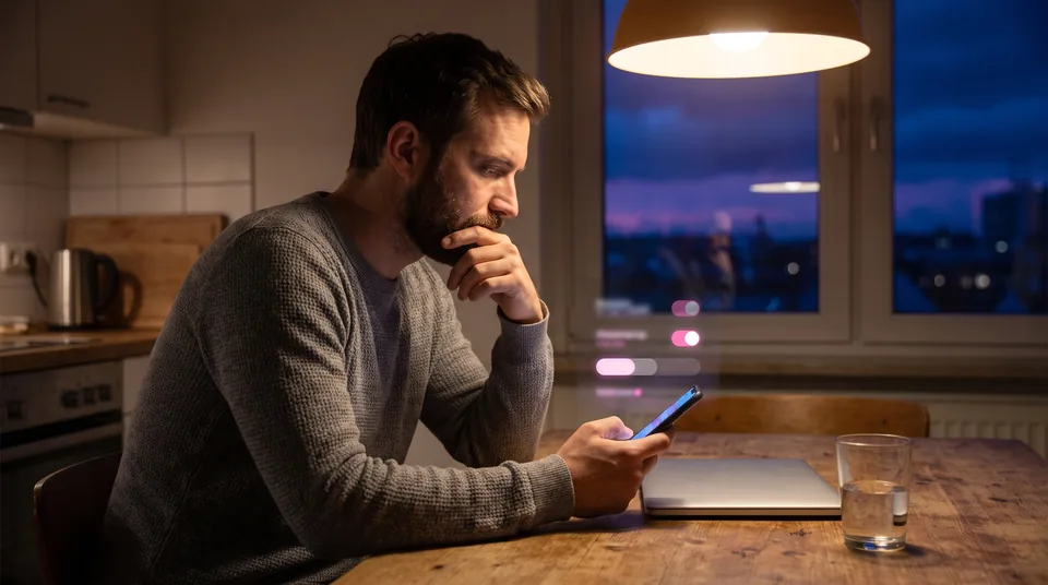 Adult man at a kitchen table at night checking a chat app's privacy settings on his phone