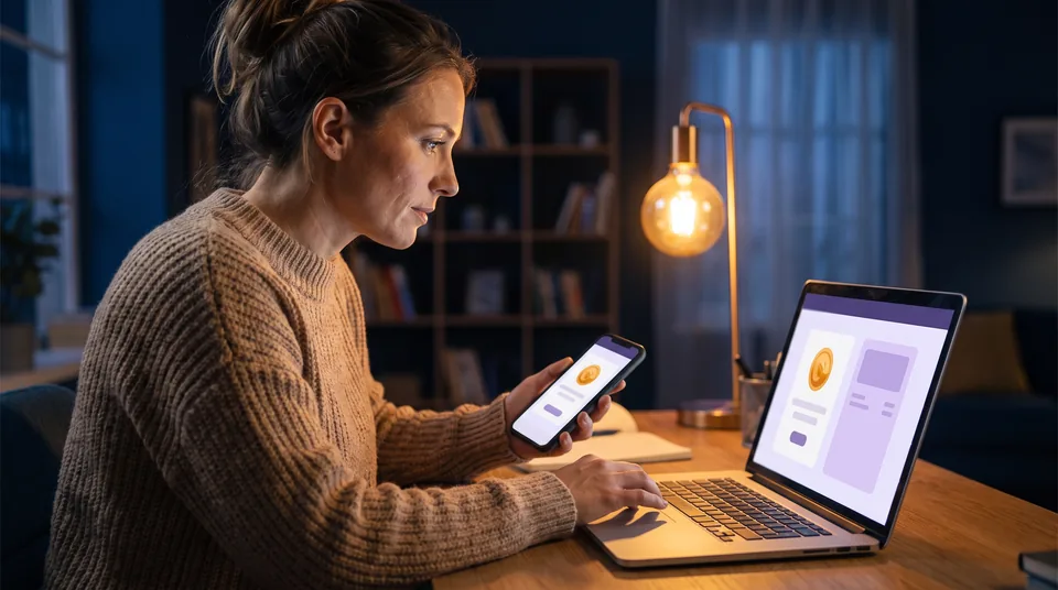 Adult woman at a desk at night comparing a character chat app's purchase screen with its terms on a laptop