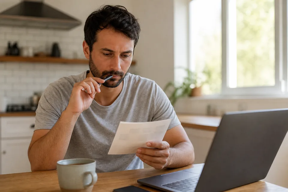 Adult man at a kitchen table reviewing a card statement next to his laptop before choosing a subscription