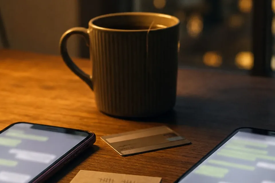 Adult man at a kitchen table with two phones showing chat apps and a payment card, deciding which subscription to keep