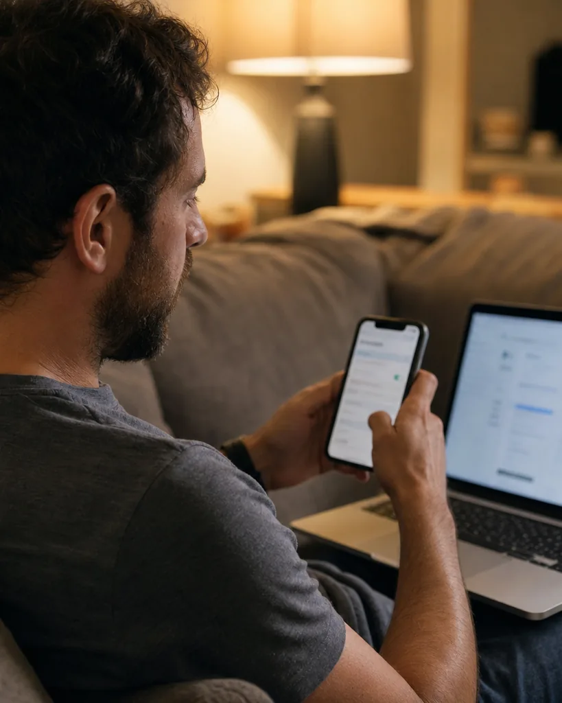 Adult man on a sofa checking app subscription settings on his phone with a laptop open beside him