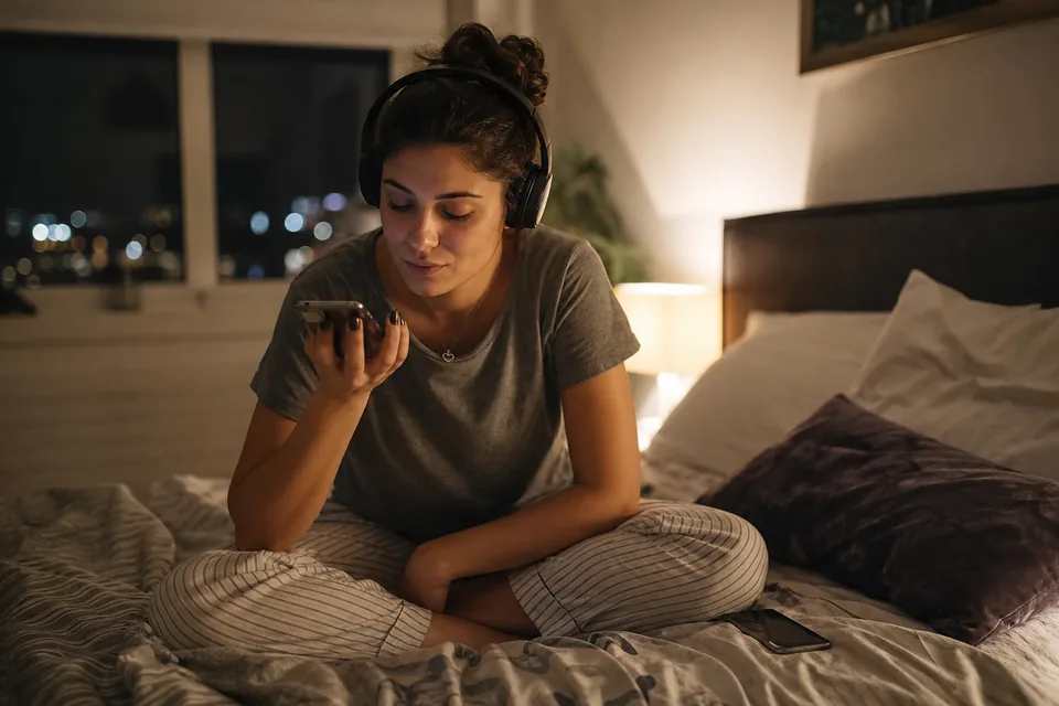 Adult woman on her bed with headphones on, listening to a voice chat on her phone at night