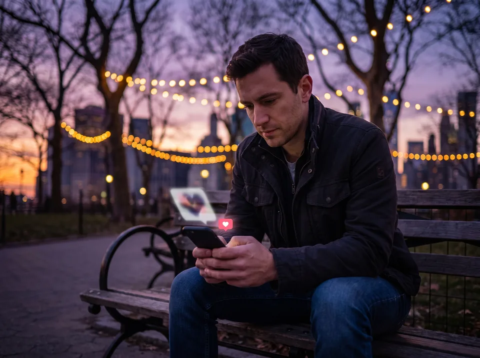 Adult man on a park bench at dusk looking at a character chat app on his phone before choosing a plan