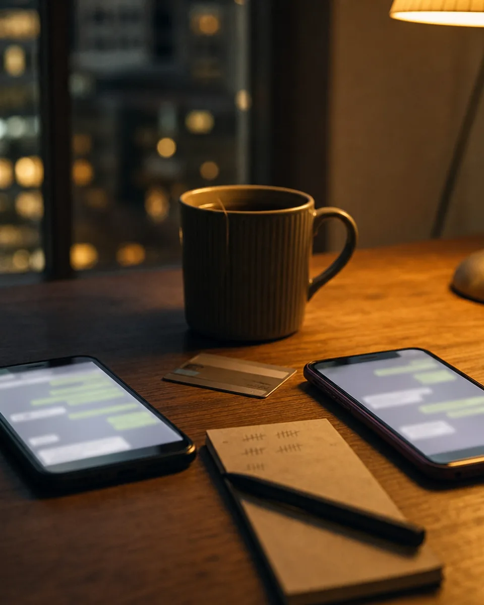 Two phones with chat apps open side by side next to a credit card and a notepad on a desk at night