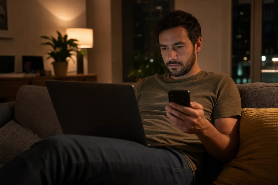 Adult man on a couch at night with a laptop and a phone, comparing two chat app subscriptions