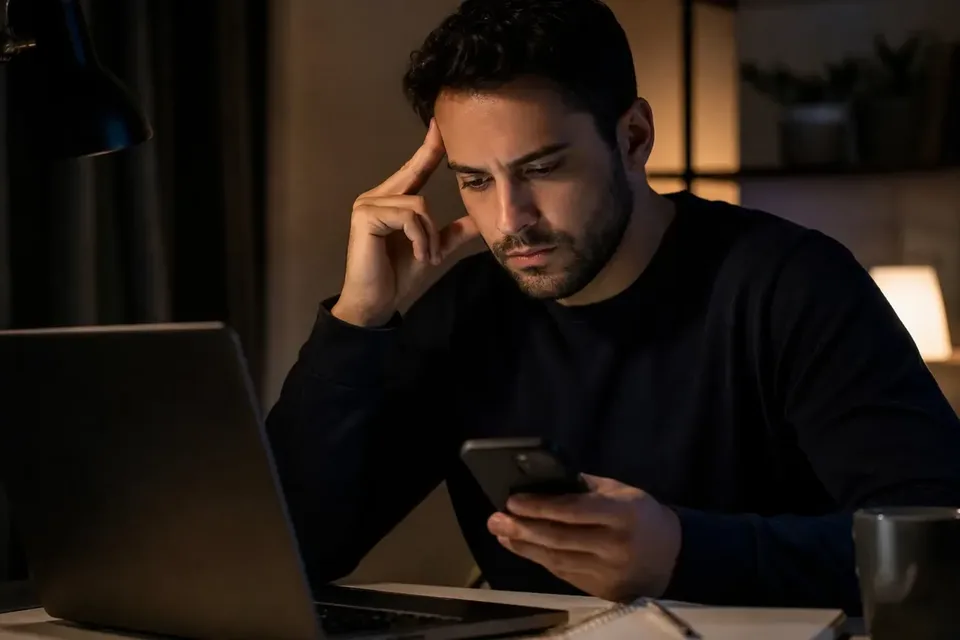 Adult man in the evening with a phone, comparing two companion app subscriptions