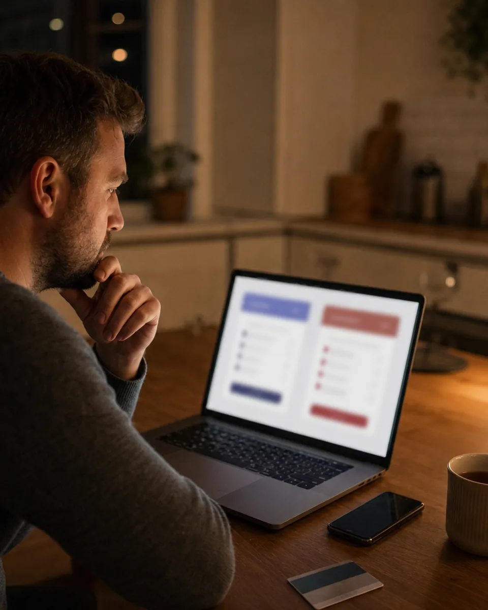 Adult man at a kitchen table at night comparing two companion app checkout screens on a laptop and phone
