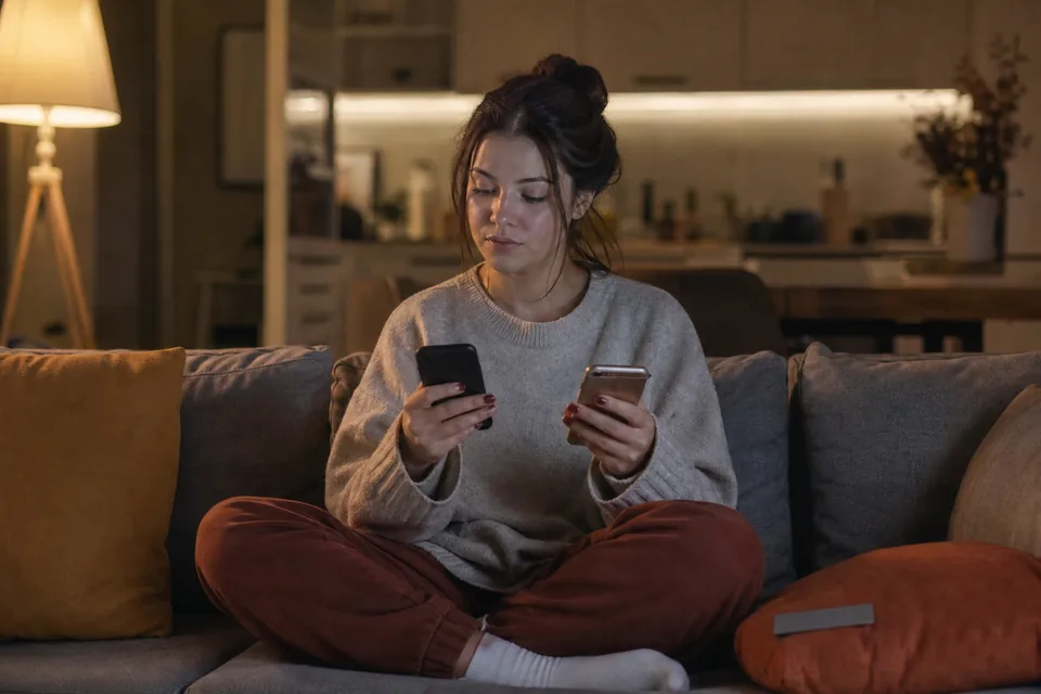 Adult woman on a sofa at night holding two phones while choosing between two chat app subscriptions