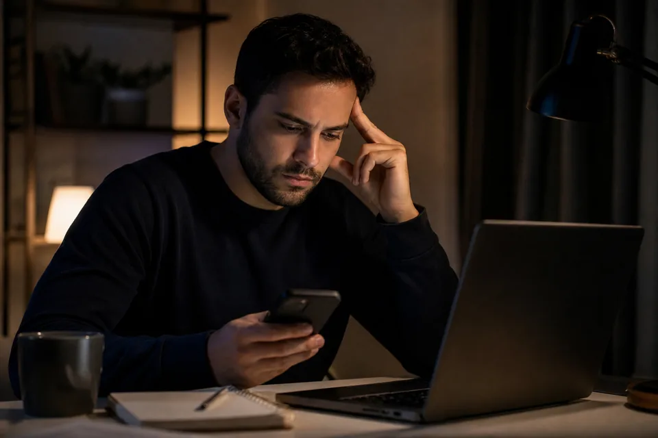 Adult man at his desk in the evening comparing two chat subscriptions on his laptop and phone